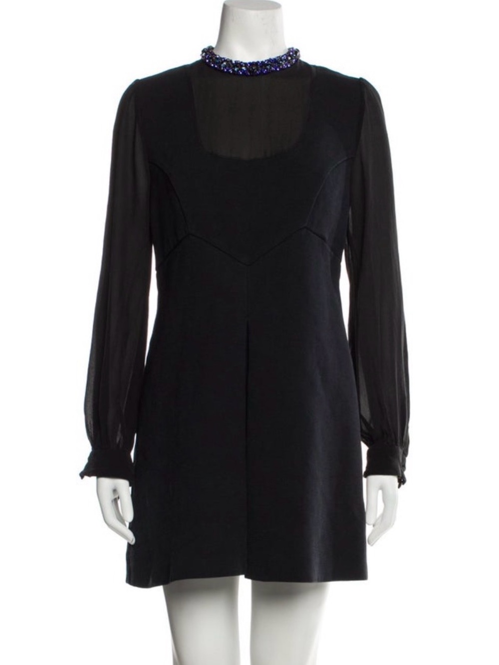 Miu Miu black wool  Long-Sleeve Beaded crystals embellishment Mini Dress
